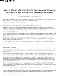 Sampo Group's Recommended Cash Acquisition of a Majority Stake in Hastings Group Holdings