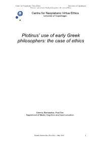 Plotinus' Use of Early Greek Philosophers: the Case of Ethics