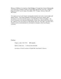 An Analysis of the Holdings of Certain Lady Gregory Monographs at the University of North Carolina at Chapel Hill’S Rare Book Collection