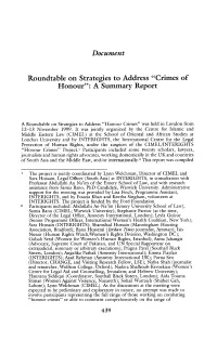 Crimes of Honour": a Summary Report