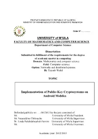 Implementation of Public-Key Cryptosystems on Android Mobiles