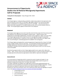 Announcement of Opportunity Studies Into UK National Microgravity Experiments Call for Proposals