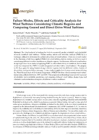 Failure Modes, Effects and Criticality Analysis for Wind Turbines Considering Climatic Regions and Comparing Geared and Direct Drive Wind Turbines