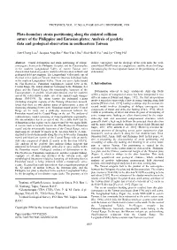 Plate-Boundary Strain Partitioning Along the Sinistral Collision Suture of the Philippine and Eurasian Plates: Analysis of Geod