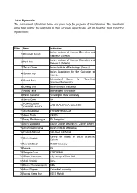 List of Signatories (The Institutional Affiliations Below Are Given Only for Purposes of Identification