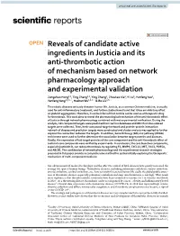 Reveals of Candidate Active Ingredients in Justicia and Its Anti-Thrombotic Action of Mechanism Based on Network Pharmacology Ap