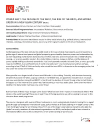 Power Shift: the Decline of the West, the Rise of the Brics, and World Order In