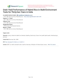 Grain Yield Performance of Hybrid Rice in Multi-Environment Tests for Thirty-Two Years in India