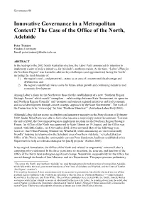 Innovative Governance in a Metropolitan Context? the Case of the Office of the North, Adelaide
