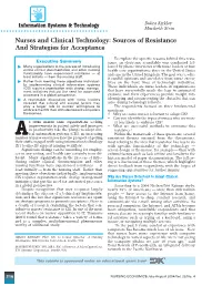Nurses and Clinical Technology: Sources of Resistance and Strategies for Acceptance