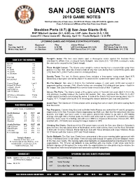 San Jose Giants 2019 Game Notes