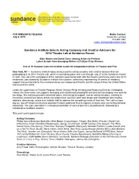 Sundance Institute Selects Acting Company and Creative Advisors for 2014 Theatre Lab at Sundance Resort