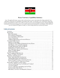 Kenya Veterinary Capabilities Summary Table of Contents