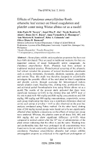 Effects of Pandanus Amaryllifolius Roxb. Ethanolic Leaf Extract on Blood Coagulation and Platelet Count Using Wistar Albino Rat As a Model