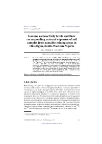 Gamma Radioactivity Levels and Their Corresponding External Exposure of Soil Samples from Tantalite Mining Areas in Oke-Ogun, South-Western Nigeria