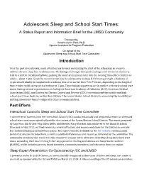 Adolescent Sleep and School Start Times: a Status Report and Information Brief for the LMSD Community