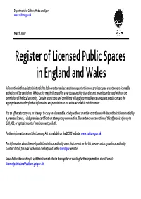 Register of Licensed Public Spaces in England and Wales
