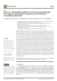 Effect of a Nitrite/Nitrate-Based Accelerator on the Strength Development and Hydrate Formation in Cold-Weather Cementitious Materials