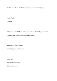 Handedness and Laterality: Relations to General and Creative Intelligences