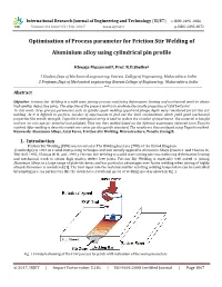 Optimisation of Process Parameter for Friction Stir Welding of Aluminium Alloy Using Cylindrical Pin Profile
