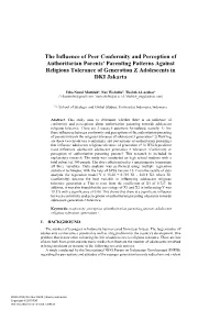 The Influence of Peer Conformity and Perception of Authoritarian Parents' Parenting Patterns Against Religious Tolerance of Generation Z Adolescents in DKI Jakarta