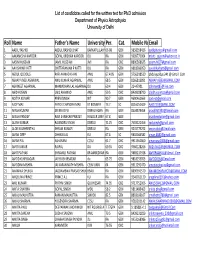List of Candidates Called for the Written Test for Ph.D Admission Department of Physics Astrophysics University of Delhi