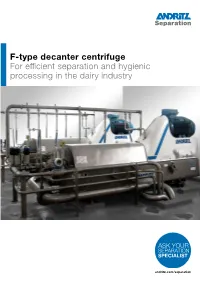 F-Type Decanter Centrifuge for Efficient Separation and Hygienic Processing in the Dairy Industry