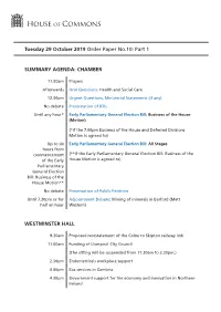 Order Paper for Tue 29 Oct 2019