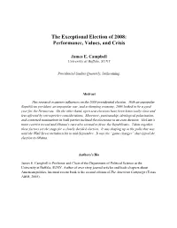 The Exceptional Election of 2008: Performance, Values, and Crisis