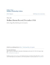 Rollins Alumni Record, December 1930 Rollins College Office Ofa M Rketing and Communications