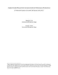 Implicit Gender Bias in State-Sponsored Judicial Performance Evaluations: a Preliminary Analysis of Colorado’S JPE System, 2002-2012
