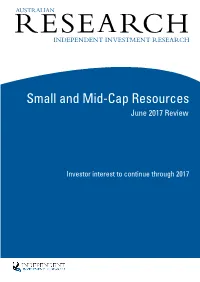 Small and Mid-Cap Resources June 2017 Review