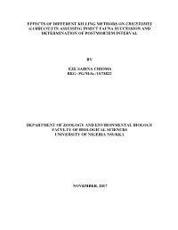 Effects of Different Killing Methods on Cricetomys Gambianus in Assessing Insect Fauna Succession and Determination of Postmortem Interval