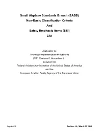 Small Airplane Standards Branch (SASB) Non-Basic Classification Criteria and Safety Emphasis Items (SEI) List