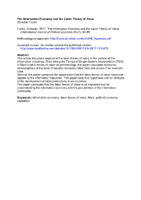 The Information Economy and the Labor Theory of Value Christian Fuchs Fuchs, Christian. 2017. the Information Economy and the La