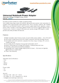 Universal Notebook Power Adapter Adjustable Voltage, 8 Output Levels, 100 W Part No.: 101615