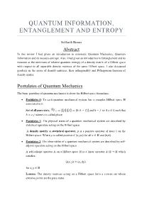 Quantum Information, Entanglement and Entropy