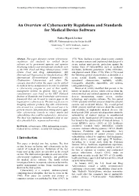An Overview of Cybersecurity Regulations and Standards for Medical Device Software