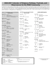 2020-2021 Calendar of Religious Holidays, Festivals, And