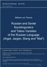 Russian and Soviet Sociolinguistics and Taboo Varieties of the Russian Language (Argot, Jargon, Slang and "Mat")
