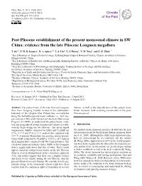 Post-Pliocene Establishment of the Present Monsoonal Climate in SW