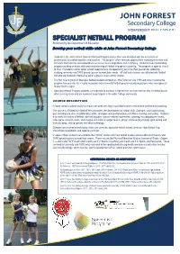 SPECIALIST NETBALL PROGRAM Endorsed by the Department of Education