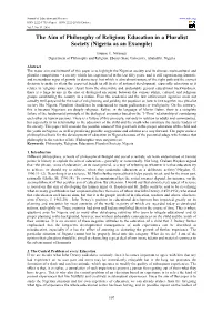 The Aim of Philosophy of Religious Education in a Pluralist Society (Nigeria As an Example)