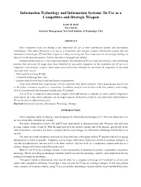 Information Technology and Information Systems: Its Use As a Competitive and Strategic Weapon