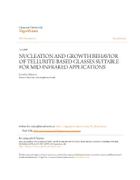 NUCLEATION and GROWTH BEHAVIOR of TELLURITE-BASED GLASSES SUITABLE for MID-INFRARED APPLICATIONS Jonathan Massera Clemson University, Massera@Clemson.Edu