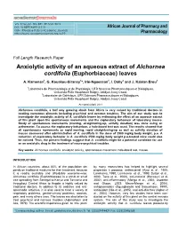 Anxiolytic Activity of an Aqueous Extract of Alchornea Cordifolia (Euphorbiaceae) Leaves
