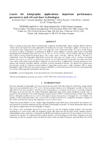 Lasers for Holographic Applications: Important Performance Parameters