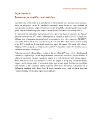 Experiment 6 Transistors As Amplifiers and Switches