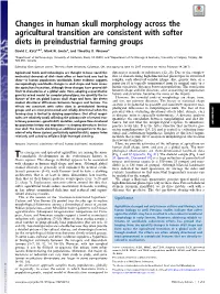 Changes in Human Skull Morphology Across the Agricultural Transition Are Consistent with Softer Diets in Preindustrial Farming Groups