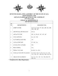 Seventh Legislative Assembly of the State of Goa Sixth Session, 2018 List of Starred Questions for Answer on 23Rd July, 2018 Total No
